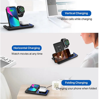 30W 3 in 1 LED Fast Wireless Charger Stand Foldable Charging Station For iPhone 17- 12 Apple Watch 9 8 7 6 5 Airpods Pro