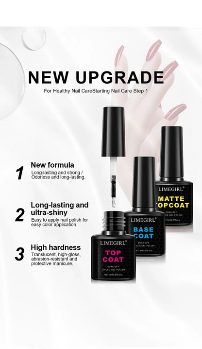 LIMEGIRL 8ml Soak Off Matte Top Base Coat for Nails UV Gel Polish Semi Permanent Functional Manicure Top Base Coat Varnish