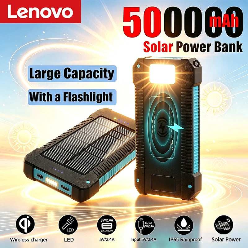 Lenovo 500000mAh Solar Power Bank Portable Large Capacity Super Fast Charging External Battery for iPhone Outdoor Emergency