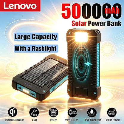 Lenovo 500000mAh Solar Power Bank Portable Large Capacity Super Fast Charging External Battery for iPhone Outdoor Emergency