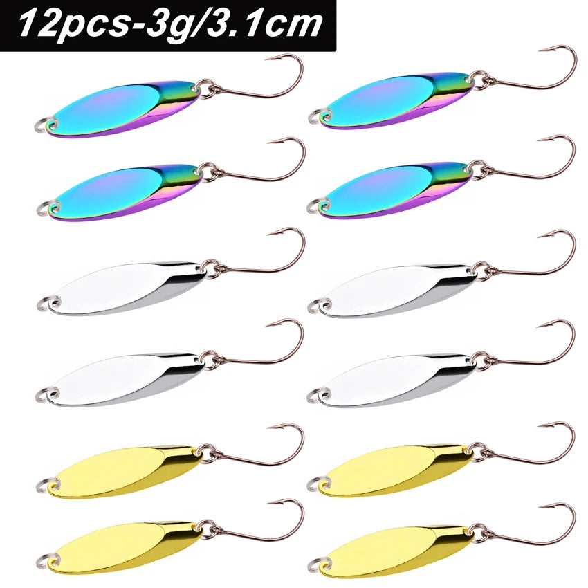 12pcs Metal Spinner Spoon Lures Trout Fishing Lure Hard Bait Sequins Paillette Artificial Baits Spinnerbait Fish Tools 1.5g-56g
