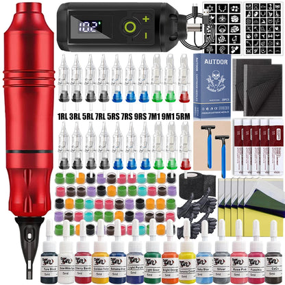 Tattoo Pen Machine Kit Tattoo Machine Set with Wireless Power Supply Tattoo Cartridge Needles Practice Skin Inks Accessories