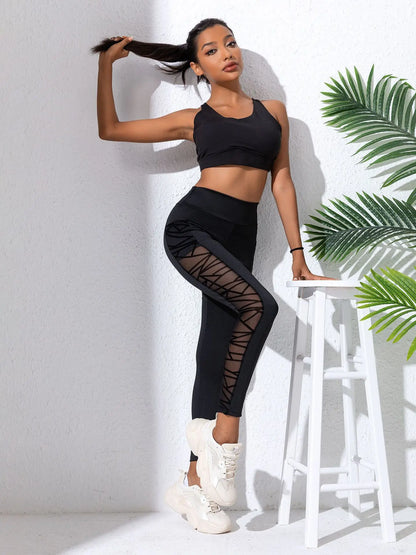 Side Mesh Yoga Women's Leggings Black Fabric Patchwork High Waist Soft Comfortable Gym Fitness Sportswear Long Pants