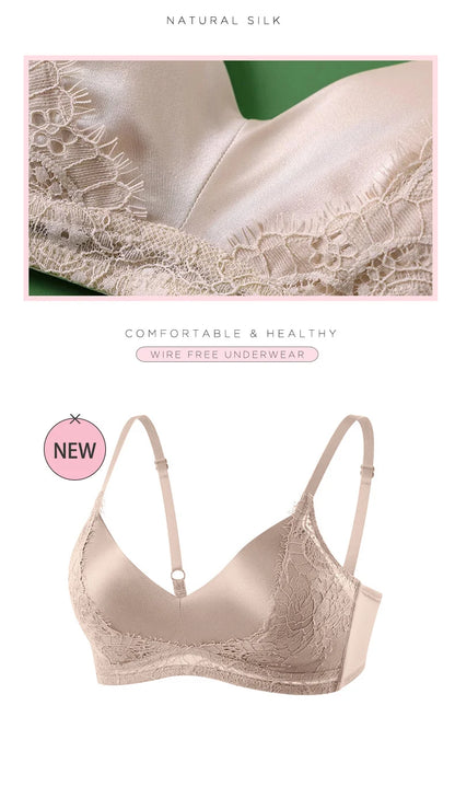 SuyaDream,Women Silk Bras, 93%Silk 7%Spandex, Wire Free, Lace Padded Bra, 2025 New Cozy Intimates, Black, White