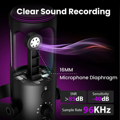 PUPGSIS Gaming USB Microphone, Noise Cancellation Condenser Mic with Mute, Gain, RGB Lights, Boom Arm Stand for Streaming, PC