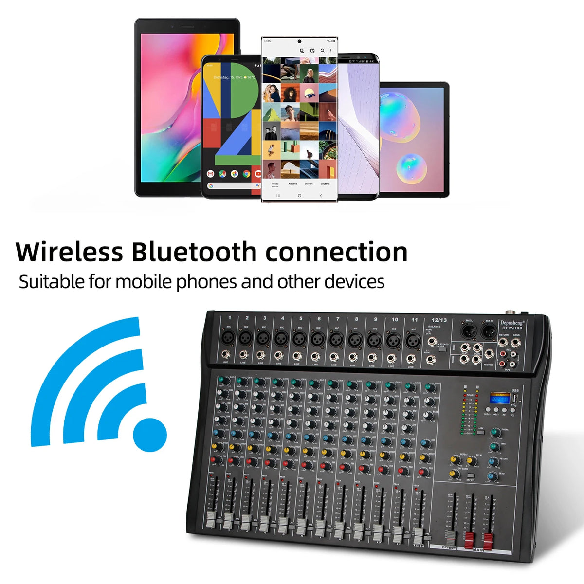 Audio Mixer 6/8/12 Channels Professional DJ Mixer LR Microphone/Line Input, AUX, FX Processor MP3, Headphones, +48V Phantom