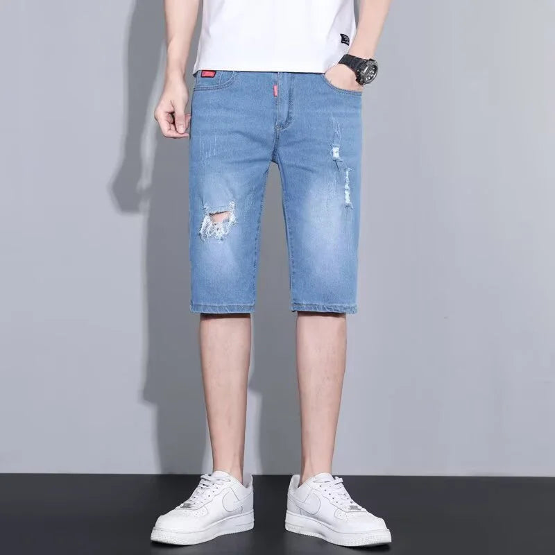 2026 Summer Men Loose Straight Ripped Jeans Male Daily Lightweight Breathable Knee Length Denim Shorts Street Trend Casual Pants