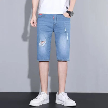 2026 Summer Men Loose Straight Ripped Jeans Male Daily Lightweight Breathable Knee Length Denim Shorts Street Trend Casual Pants
