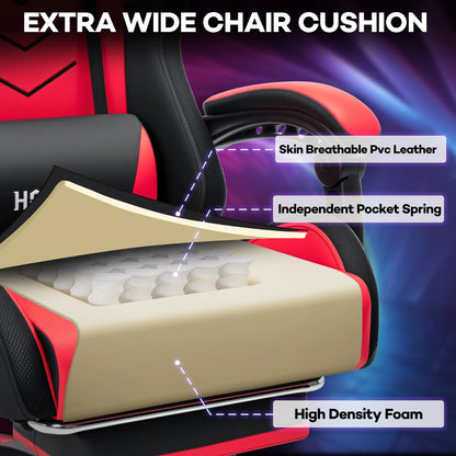 300lbs Gaming Chair with Music Rhythm RGB LED Lights and Wireless Speakers Ergonomic Massage Computer Gaming Chair with Footrest
