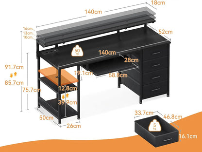 Coleshome Desk with 4 Drawers, 140X52X92Cm Computer Desk with Power Outlet and USB Charging, Gaming Desk Desk Table with Adjustable Shelves for Home, Black