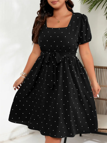 GIBSIE Plus Size Square Neck Polka Dot Belted Dress Women's Elegant Retro Puff Sleeve High Waist Summer A-line Big Swing Dresses