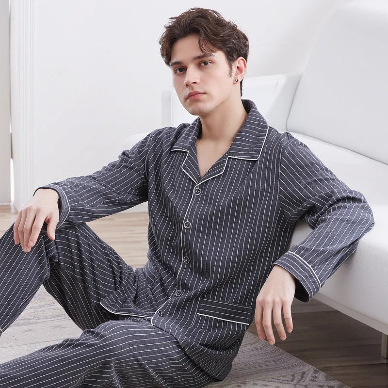 Casual Spring and Autumn Pajamas for Men, New Versatile Cardigan Long-Sleeved Long Pants Set, Simple and Stylish, Plus-Size Loungewear