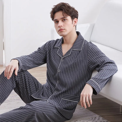 Casual Spring and Autumn Pajamas for Men, New Versatile Cardigan Long-Sleeved Long Pants Set, Simple and Stylish, Plus-Size Loungewear