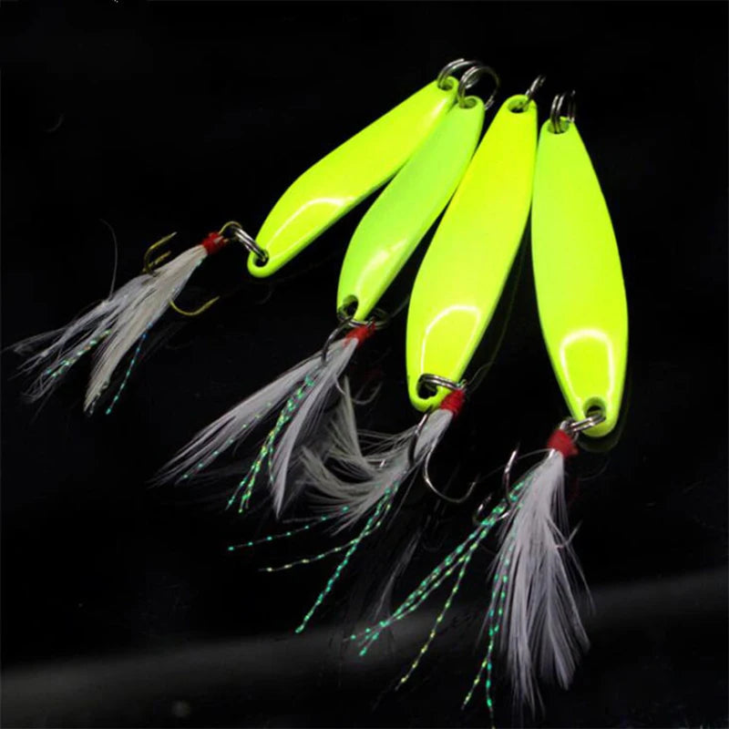 1pcs 5g 7g 10g 13g Luminous Fishing Spinner Spoon Lure Hard Bait with Feather For Bass Sea Lures Wobbles Fishing Accessories