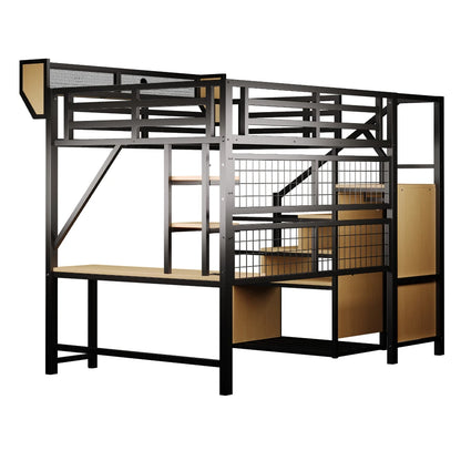 90×200cm & 140*200cm Metal High Bed, with Desk, Shelf and Storage Net, Complete with Safety Ladder, LED Lighting and Socket