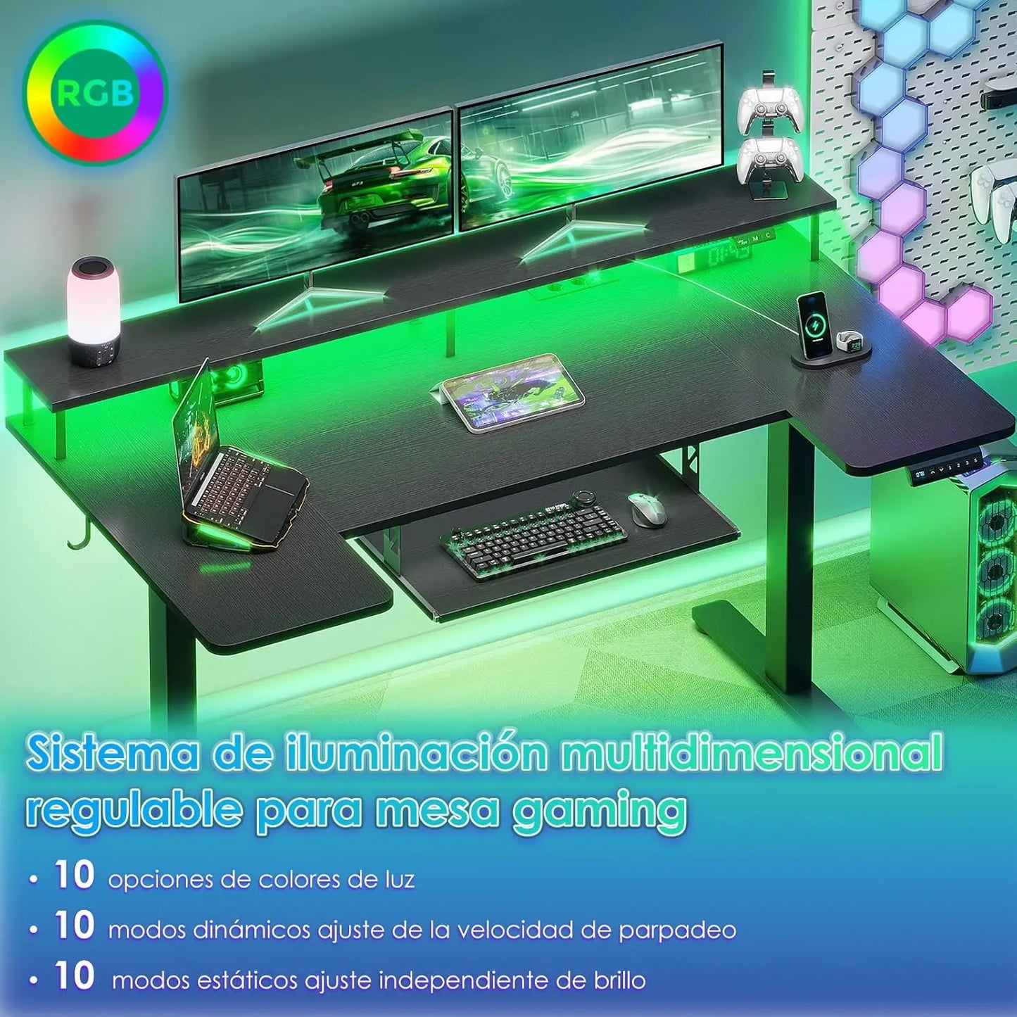 Offigo U Shape Elevating Desk Table, 140cm Electric Elevating Desk with Monitor Stand, USB Plugs and Charging, Standing Desk with Led, Table for Gaming Computer and Office, Black