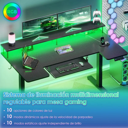 Offigo U Shape Elevating Desk Table, 140cm Electric Elevating Desk with Monitor Stand, USB Plugs and Charging, Standing Desk with Led, Table for Gaming Computer and Office, Black