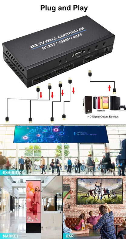 4K 60Hz 2x2 Video Wall Controller Multi Screen Splicing Processor 1x3 1x2 1x4 Office Meeting Monitor Mall 4 Channel TV Splicer
