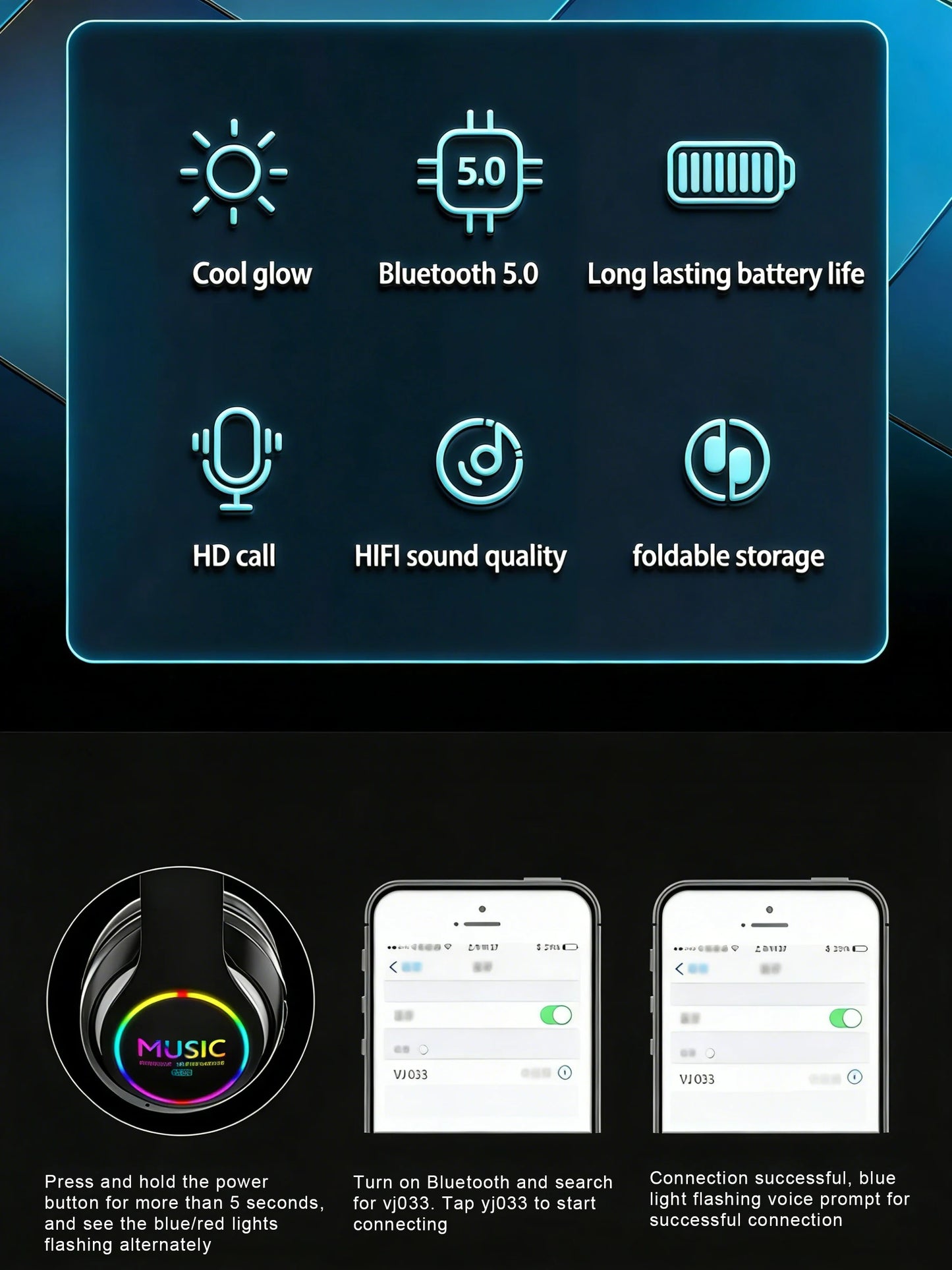 Wireless Bluetooth 5.0 HiFi Headphone With On-Ear Headset Stereo Sound Earphones Sports Office Game Foldable Low Latency