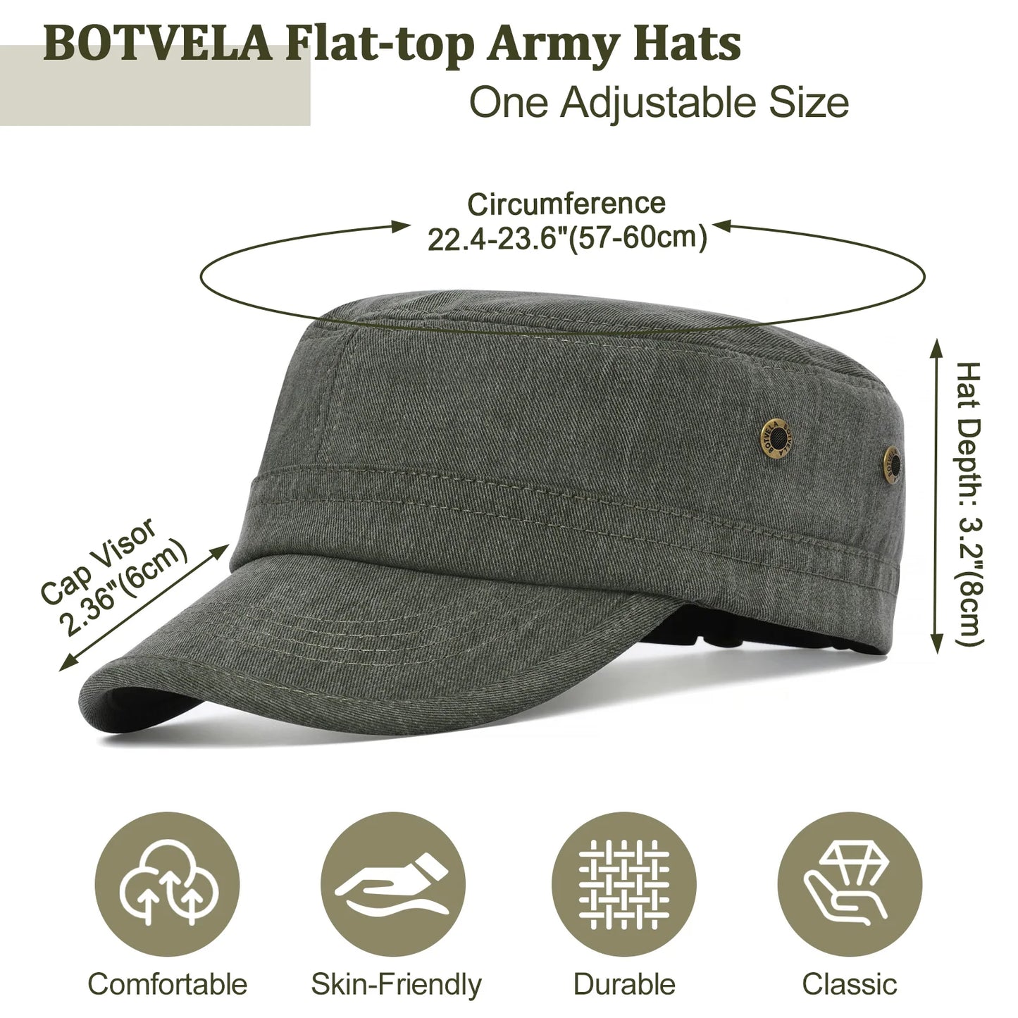 BOTVELA Men Women Cotton Twill Army Cap Adjustable Military Hat Vintage Flat Top Cap