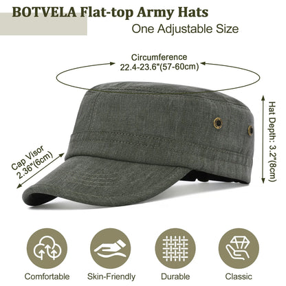 BOTVELA Men Women Cotton Twill Army Cap Adjustable Military Hat Vintage Flat Top Cap
