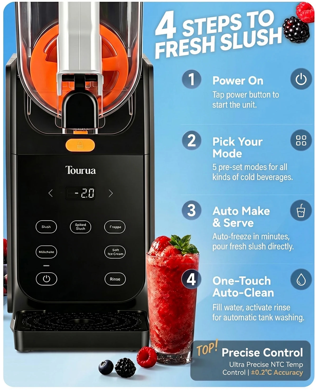 Slushie Maker 2.8L Large Capacity Slush Machine, 15 Mins Fast Cooling Cycle, 5 Preset Programs, One-Touch Auto Clean Function, Multifunctional Slush Machine for Slush Drinks, Milkshakes, Frozen Cocktails, Smoothies