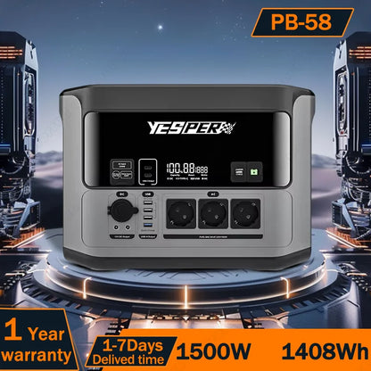 YESPER PB-58 Portabel Powerstation 1500W 1408Wh – LiFePO4, Ren Sinusvåg, Sol-redo, AC/DC/USB, Smart Display, Camping/Hem/Nöd, EU-lager (Tyskland)