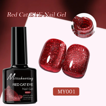 Red Cat Eye Gel Nail Polish Magnetic Glitter Holographic Red Ruby Christmas Polish Reflective Jelly Translucent UV Gel Manicure