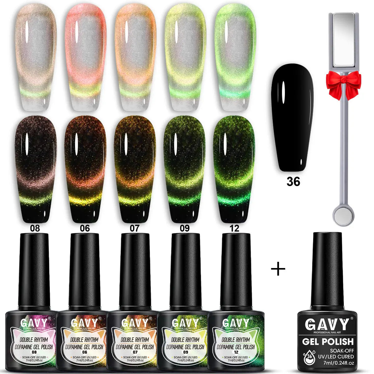 GAVY 5-Piece Two-Color Cat's Eye Gel Nail Polish Set + Black Base Gel + Magnetic Stick, for DIY Nail Art