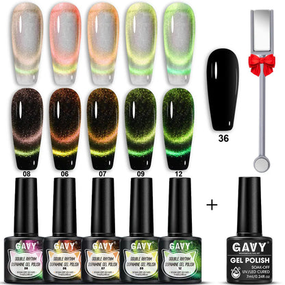 GAVY 5-Piece Two-Color Cat's Eye Gel Nail Polish Set + Black Base Gel + Magnetic Stick, for DIY Nail Art