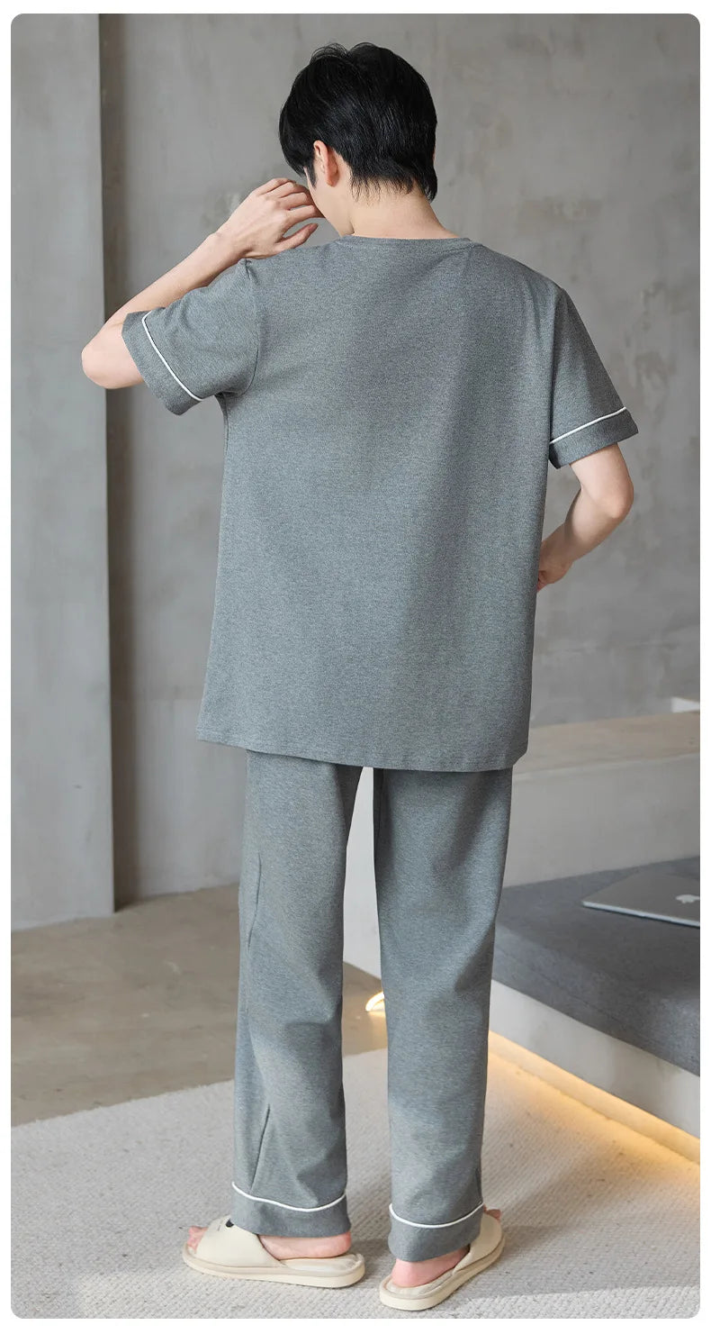 Short Sleeves & Shorts & Long Pant 3Pcs/set Cotton Nightwear for Men Summer Breathable Casual Sleepwear Male Loungewear Hombre