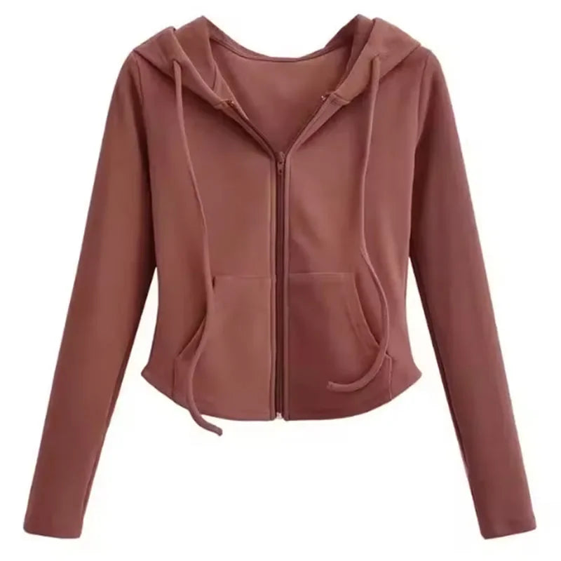 Lucyever Cropped Hooded Zip-Up Jacket Women Autumn New Slim Long Sleeve Y2K Sweatshirts Female Solid Streetwear Sports Hoodies