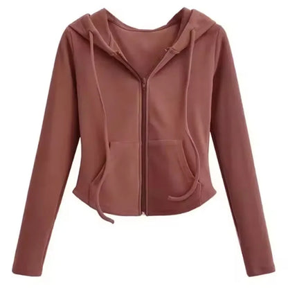 Lucyever Cropped Hooded Zip-Up Jacket Women Autumn New Slim Long Sleeve Y2K Sweatshirts Female Solid Streetwear Sports Hoodies