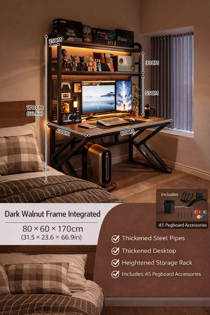 Gaming Desk with Bookshelf and Pegboard Computer Desk with Storage Shelf Home Office Study Desk for Bedroom Small Space