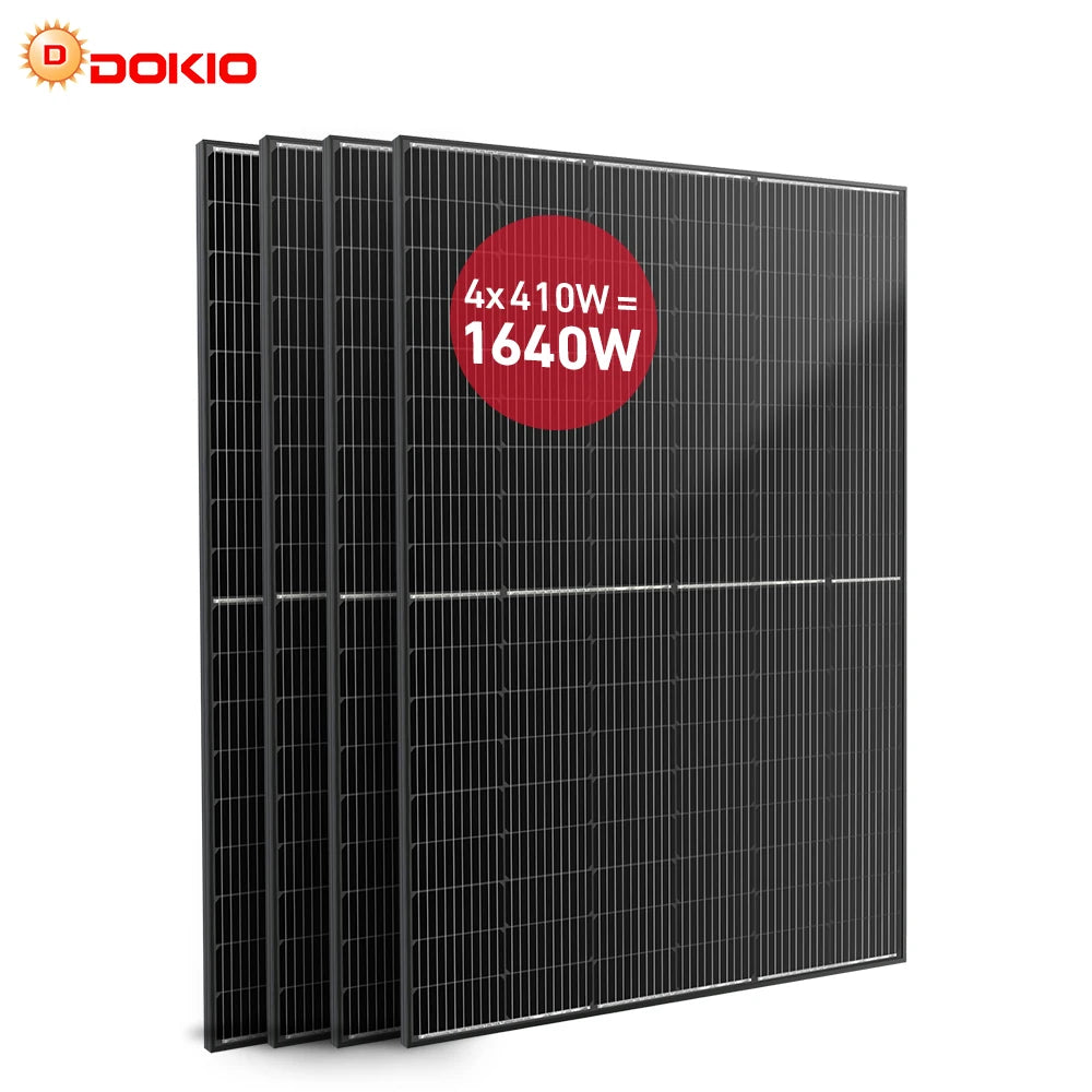 DOKIO Balkongkraftverk 1640W (4×400W DSP-400M) – Monokristallin, Plug & Play, Växelriktare ingår ej, Balkong/Terrass/Villa, EU-lager