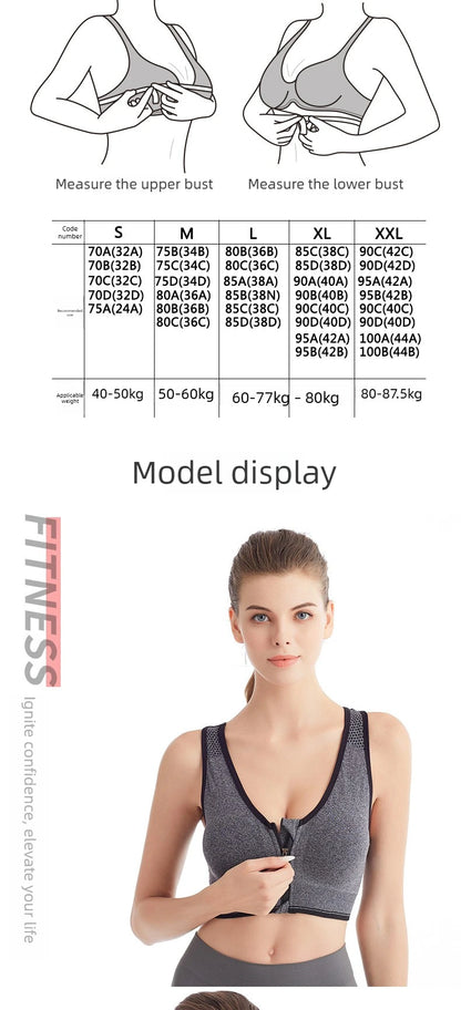 Front Zip Sports Bra High Impact Support Breathable Wire Free Running Yoga Top for Women