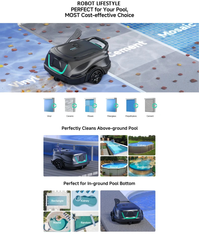 WYBOT A1 Trådlös Poolrobot – 120min 2600mAh IPX8 Dubbellager Filter Gyroskopnavigering Auto-Parkering 100m² 2026