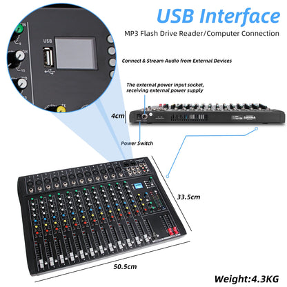 Audio Mixer 6/8/12 Channels Professional DJ Mixer LR Microphone/Line Input, AUX, FX Processor MP3, Headphones, +48V Phantom