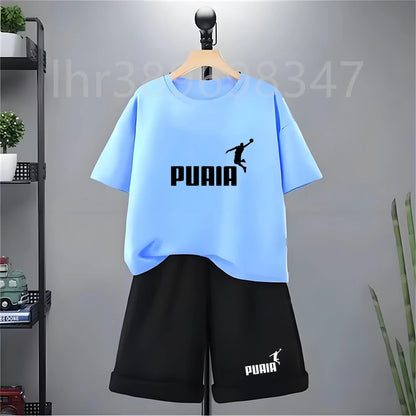 Summer Kids Print 2pcs Breathable Tees+Shorts Leisure Suits 3-12 Years Boys Girls Outfits Children Cool Black White Clothes