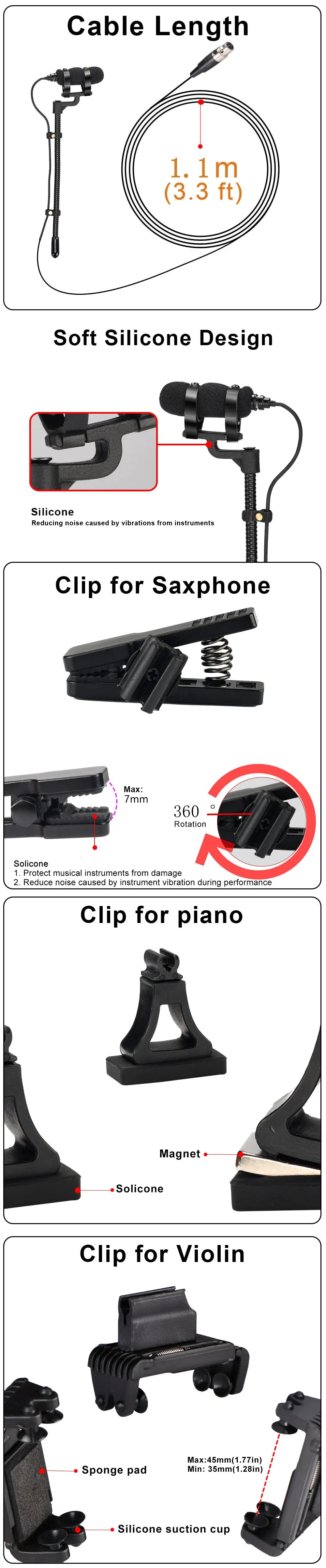 FREEBOSS 3 Pin Mini Violin Microphone with Clip Portable Hypercardioid Condencer Music Instrument Teaching Wired Mic IM-22-L5