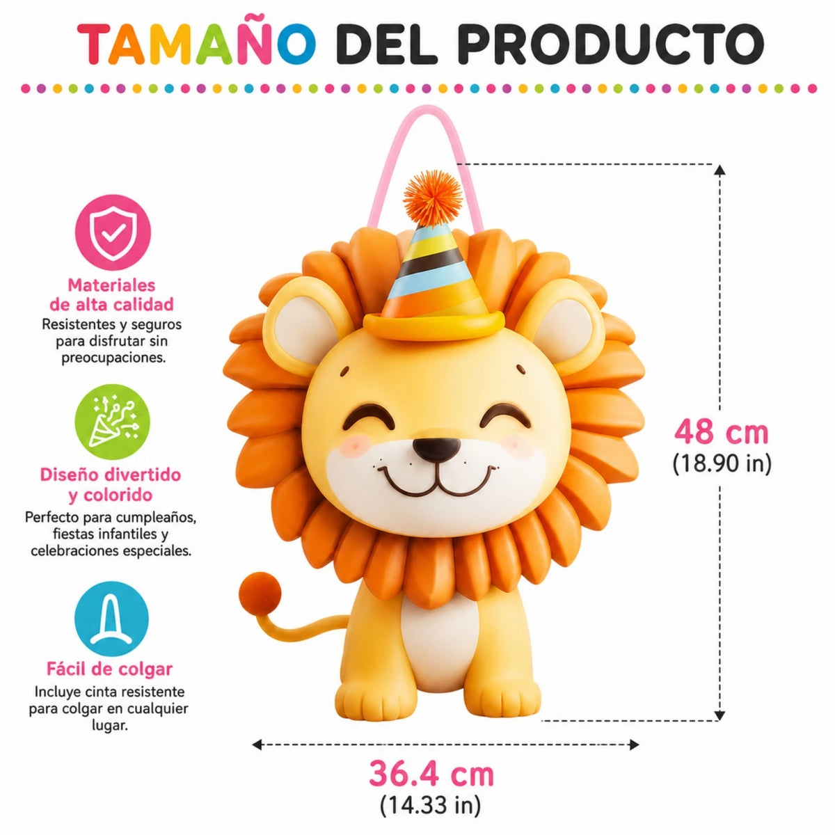 Lejonpiñata med partyhatt och dragband – 48 × 36,4 cm