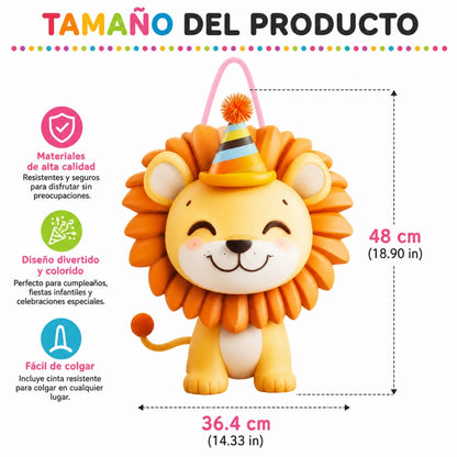 Lejonpiñata med partyhatt och dragband – 48 × 36,4 cm
