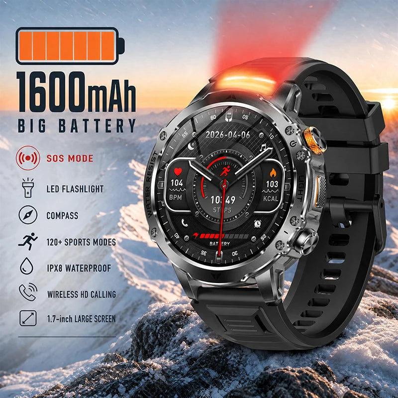 2026 New Men Outdoor Smart Watch 1.7" IPS 1600mAh  Battery Bluetooth Call IPX8 Waterproof Flashlight SOS Compass 120+Sport Modes