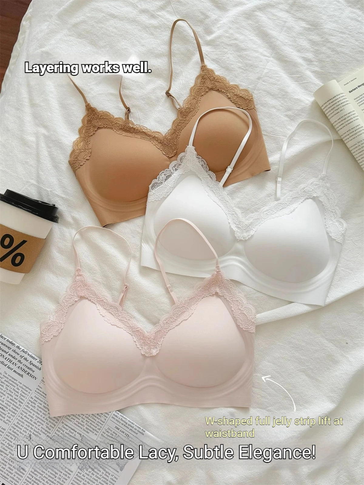 French Lace Bra V Neck Seamless Bra Women's Adjustable Thin Strap Wireless Thin Cup Layering Base Intimates Lingerie Solid S-XL