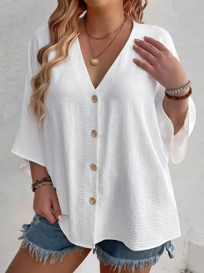 Plus-size Women's T-shirt Solid Color Breathable Spring/summer V-neck Button Travel Casual Wear with European and American Style