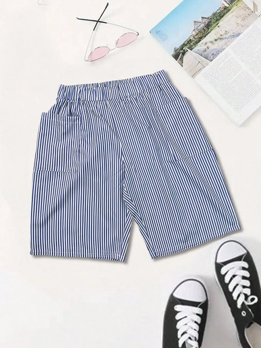 Dam Shorts 2026 – Randig Print Hög Midja Elastisk Midja Fickor Casual S–XXL