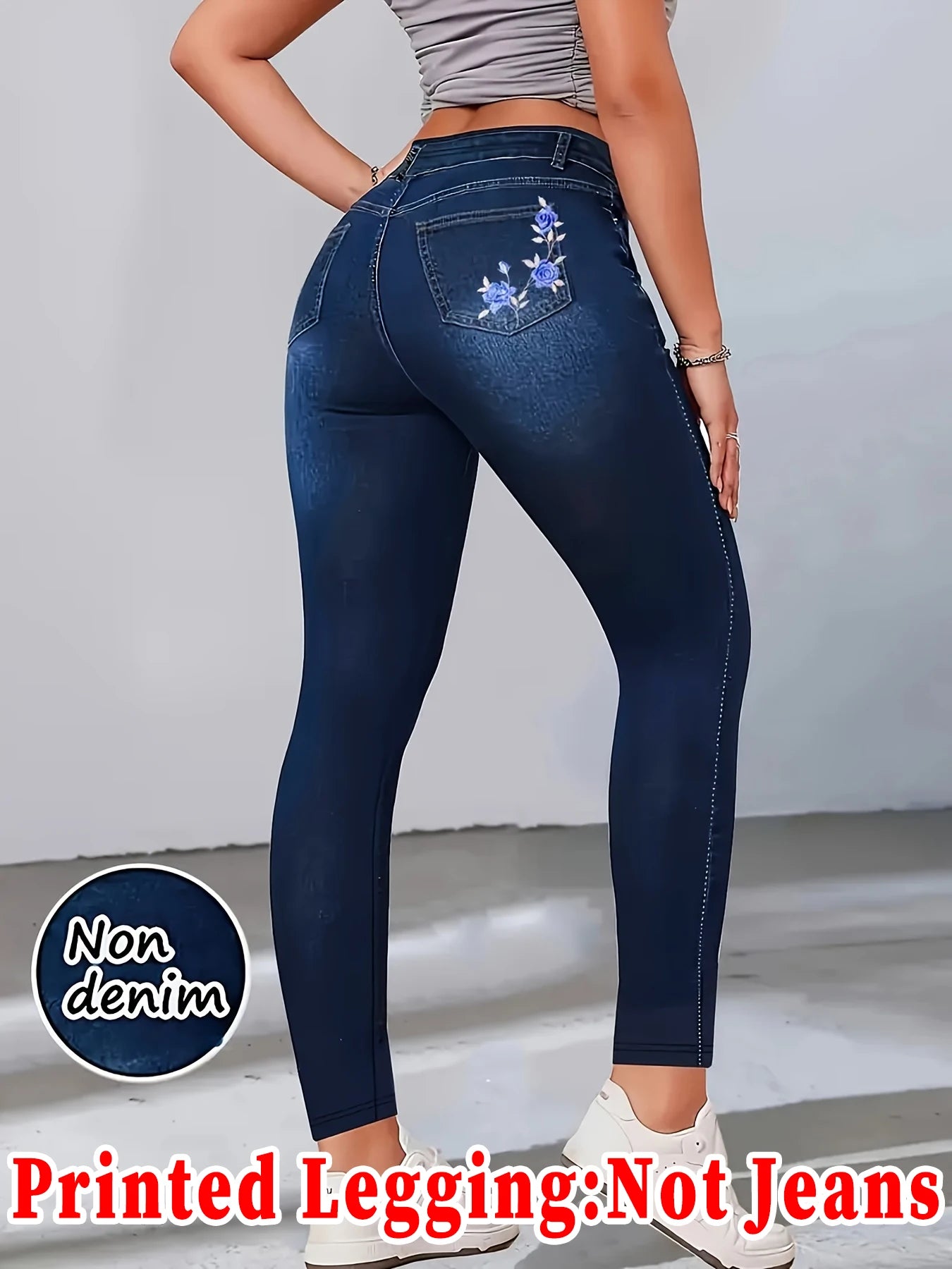 Women's Printed Skinny Pants, High Elastic Seamless Design with Faux Pockets, Casual & Sporty