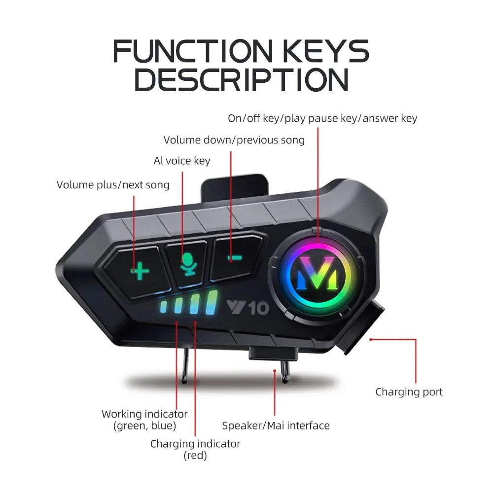 Y10 Motorcycle Helmet Headset Stereo Voice Control Bluetooth 5.3 Hands Free Call IPX6 Waterproof 1000mAh With Ambient Light