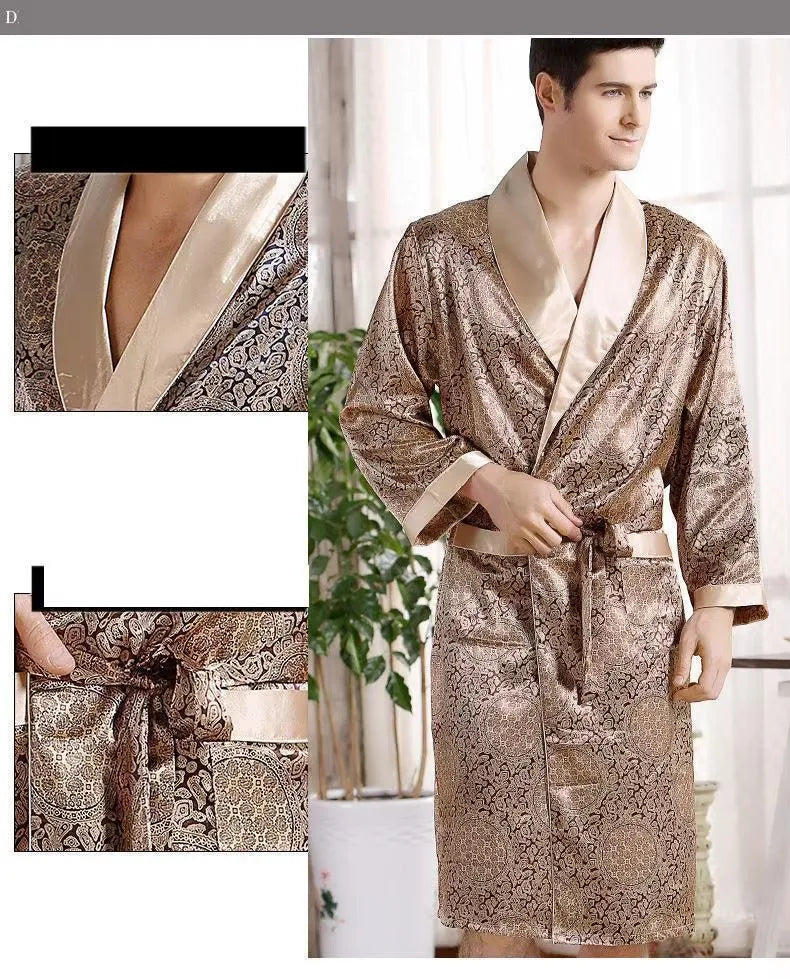 Plus Size 3XL 4XL 5XL Men Robe Sleepwear Navy Blue Stripe Kimono Bathrobe Gown with Pocket Summer Satin Home Clothes Lounge Wear