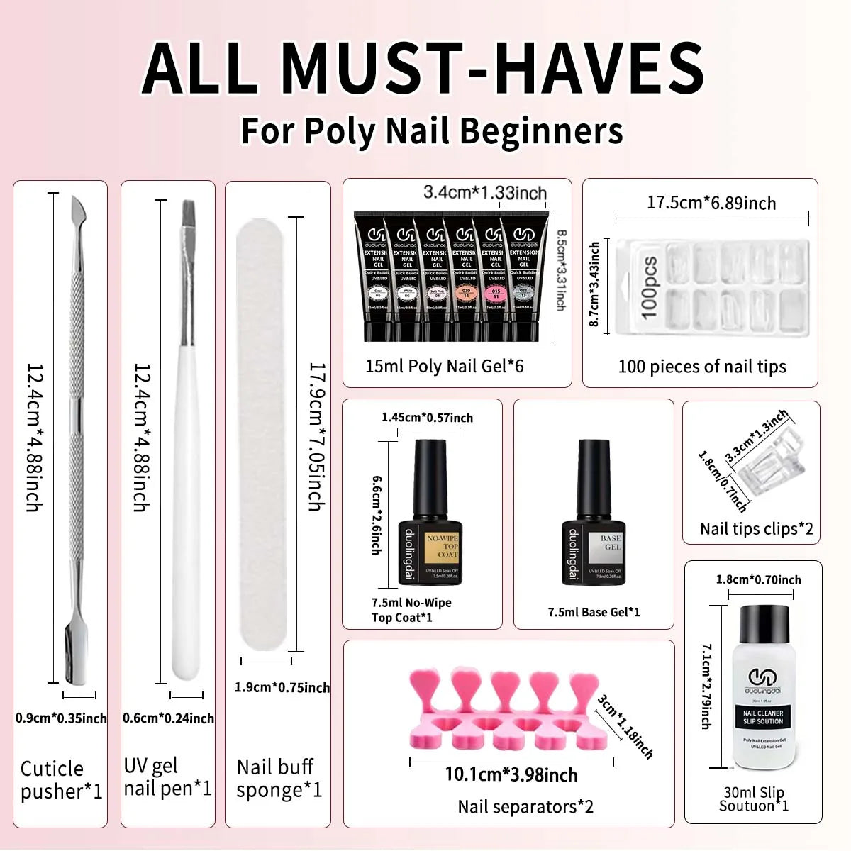 Poly Gel Extension Tool Set, Including 30ml of Cleaner Fluid, 7.5ml Base Coat and Top Coat, Nail Mold, Nail Clip and Nail Brush